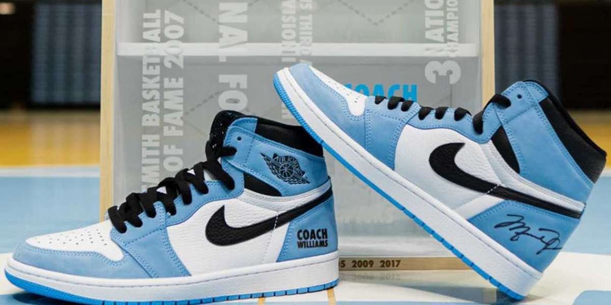 Autographed by "University Blue" (University Blue) on Air Jordan 1 presented by Roy Williams, Michael Jordan